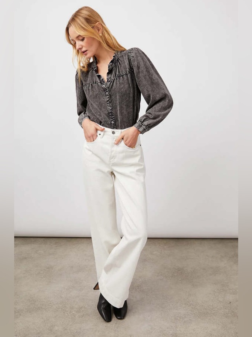 RAILS Camille Black Acid Wash Tencel Denim Ruffle Shirt L